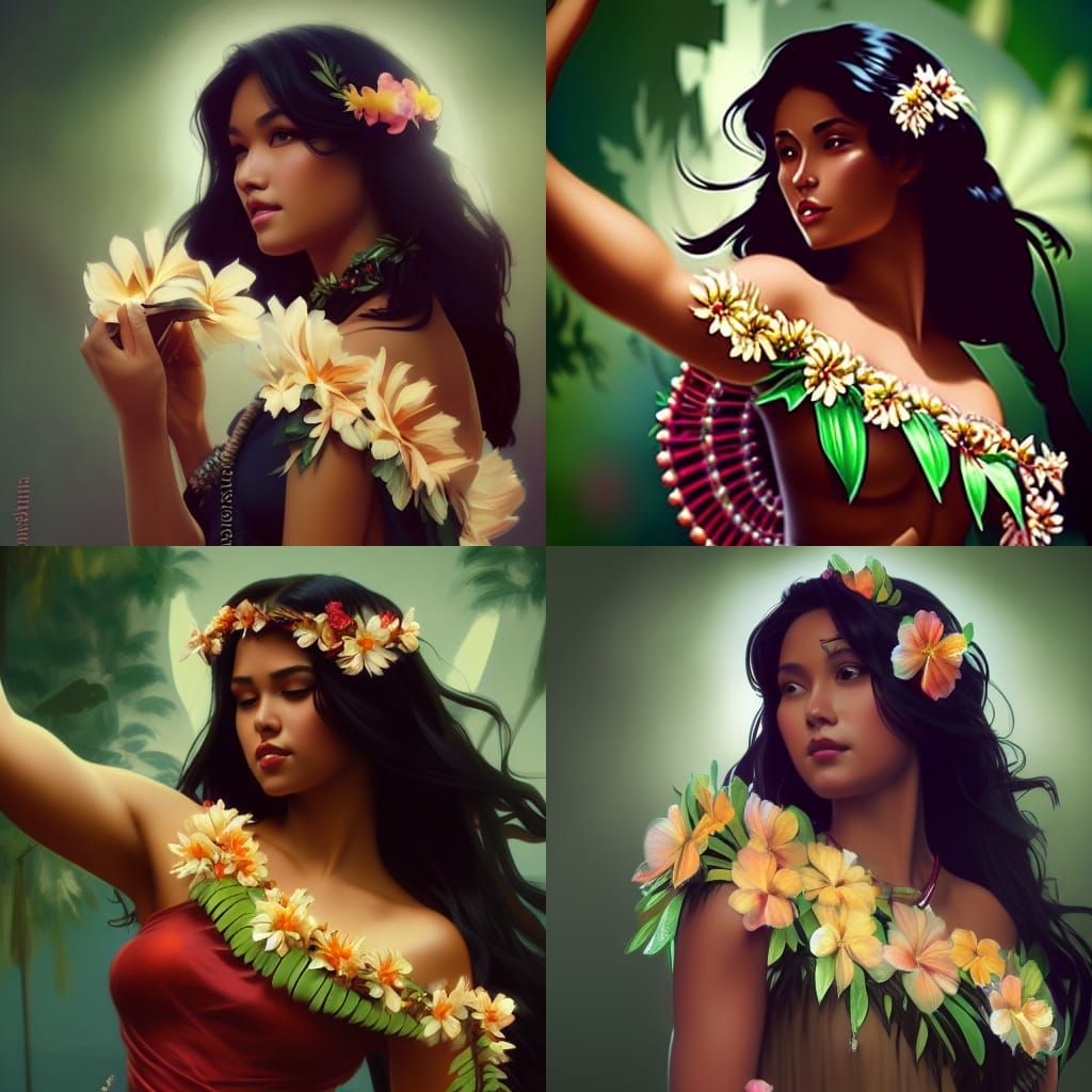 Elegant Hula Dancer Portrait in Art Nouveau Style