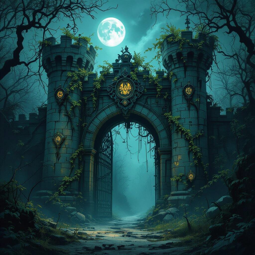Ancient Castle Gate with Paper Vines in Dark Fantasy Style