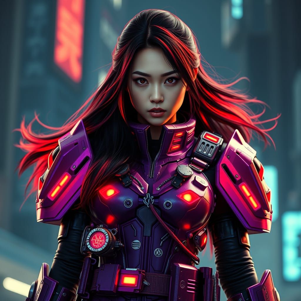 Cyberpunk Japanese Superheroine in Vibrant Red Hair and High...