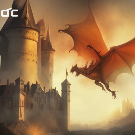 Black Dragon Burns Castle in Medieval Painting