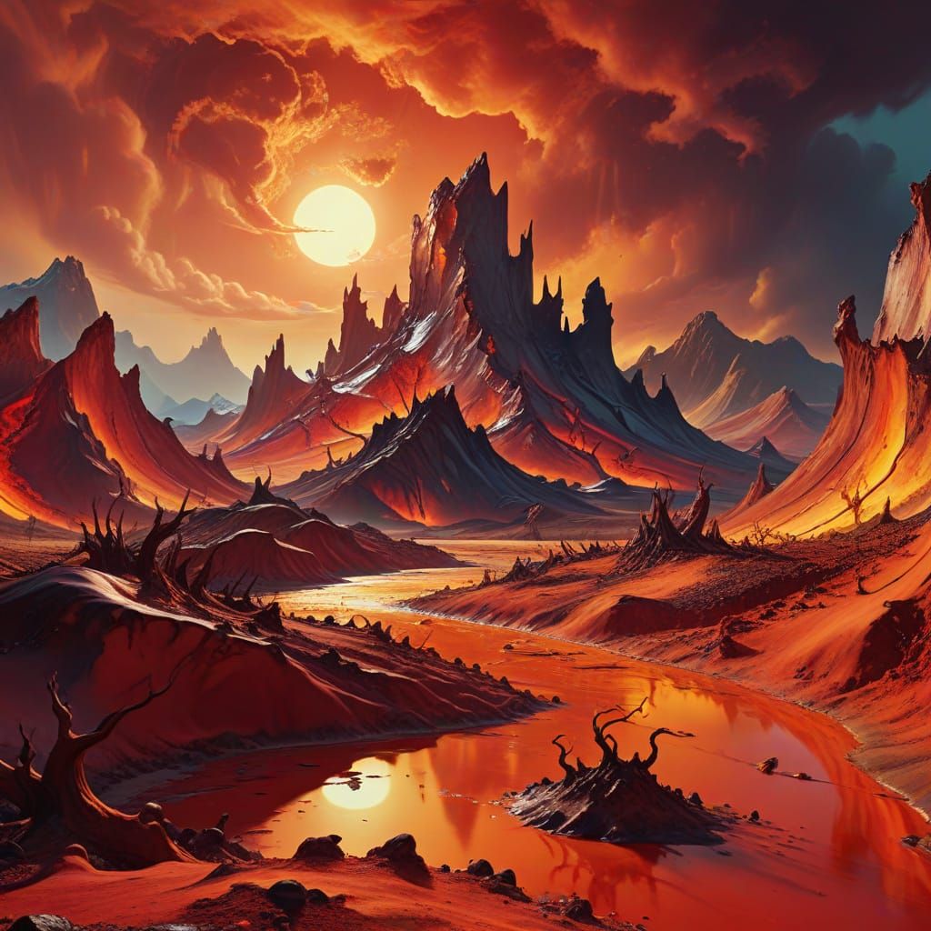 Surreal Fiery Landscape in Salvador Dali Style