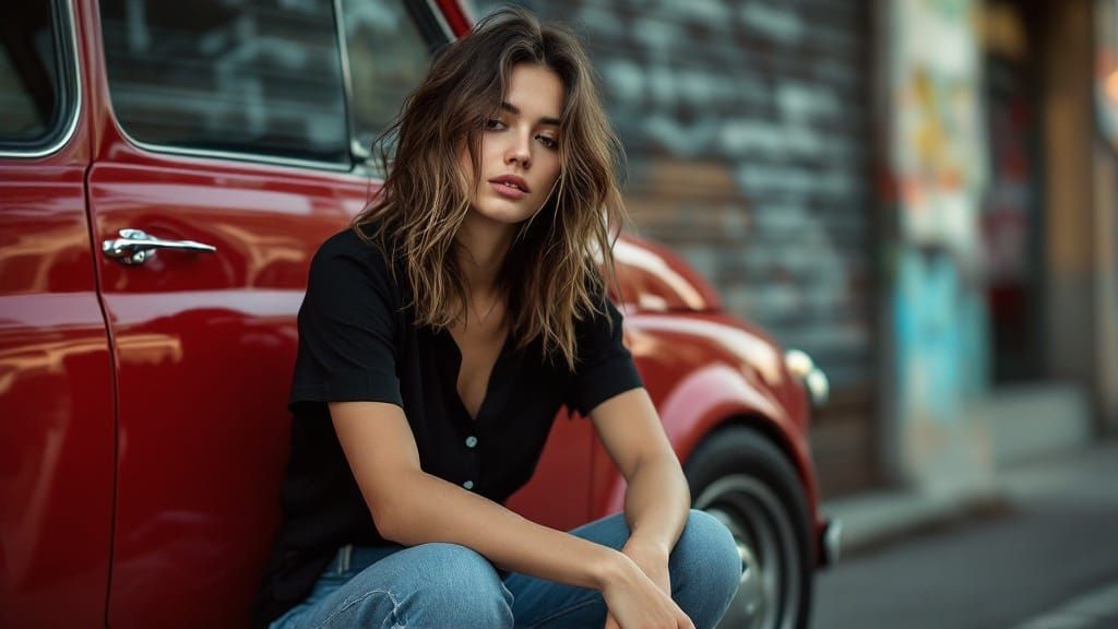 Gritty Urban Portrait of Young Woman and Vintage Red Car
