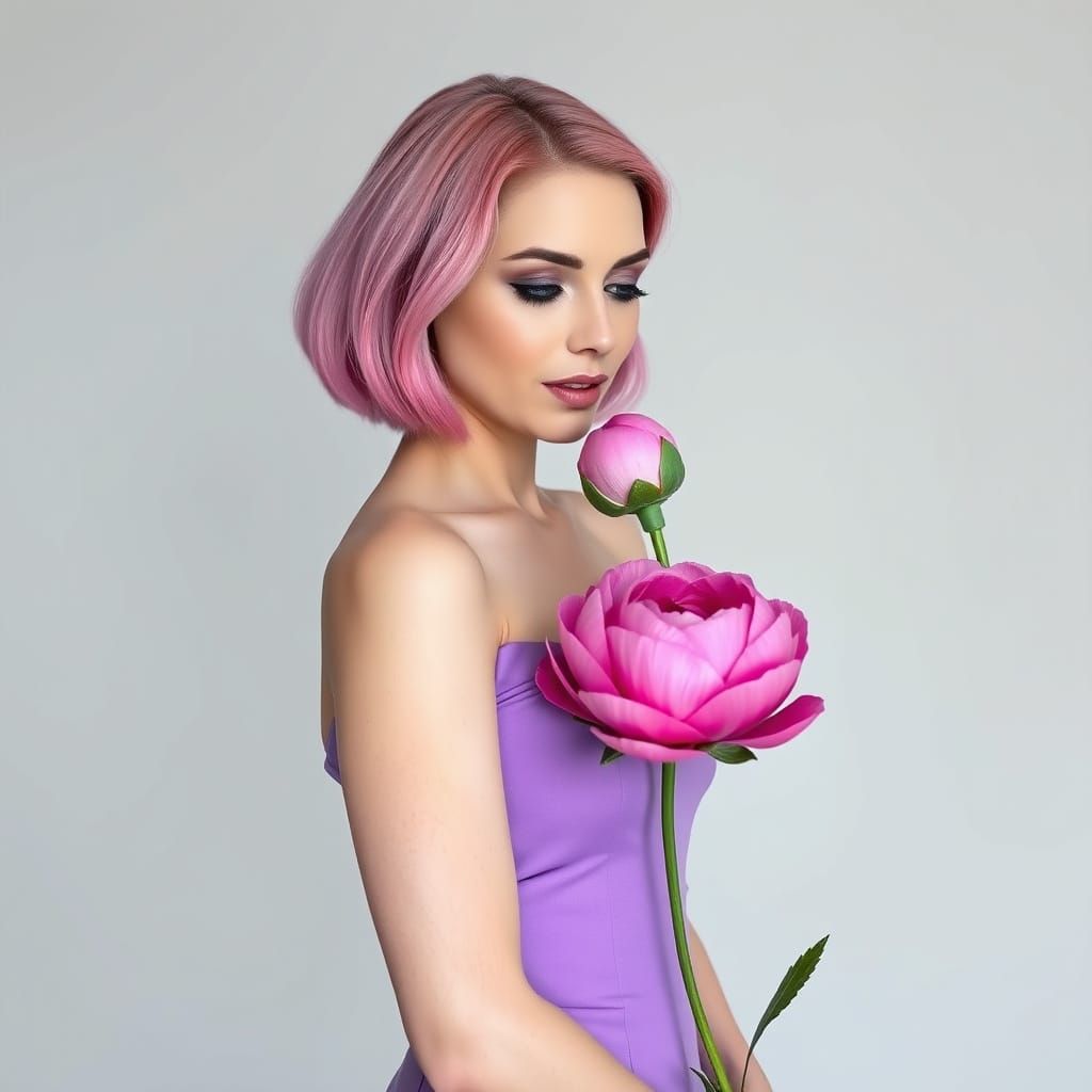 Pink Haired Woman Smells Peony in Minimalist Style