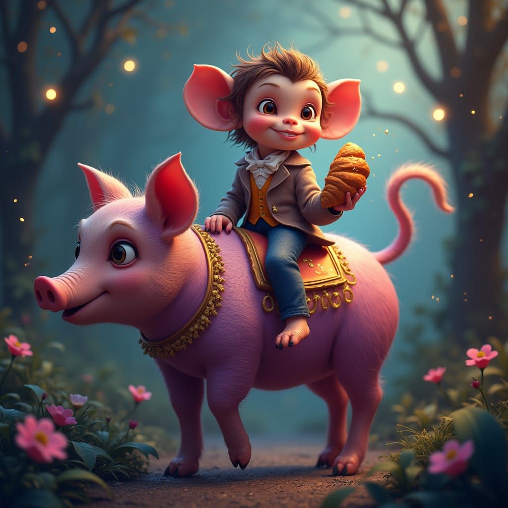Whimsical Monkey Rides Majestic Pig in Lush Forest