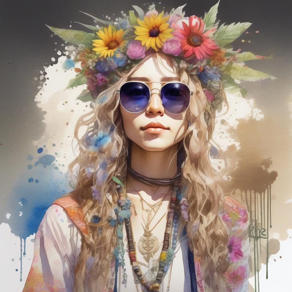 Watercolor Portrait of Flower Child in Solarpunk Style