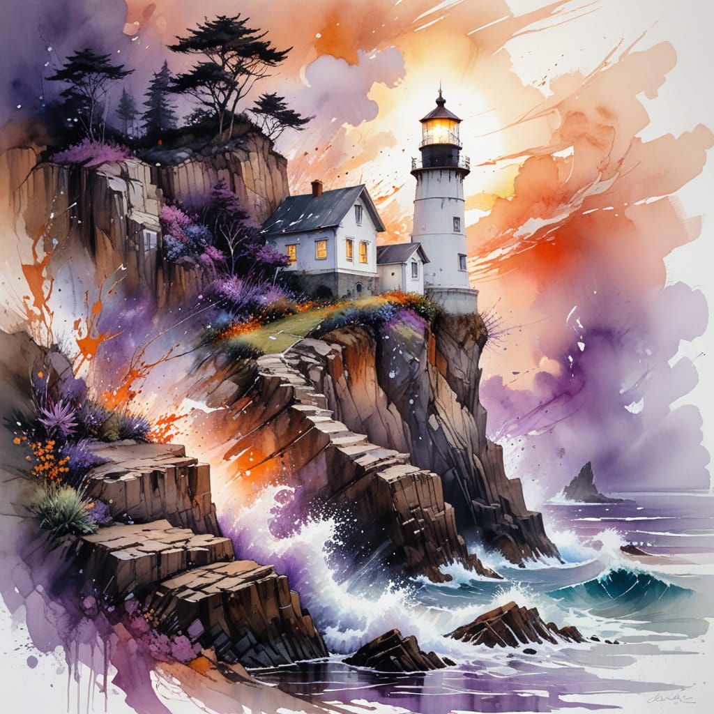 Coastal Lighthouse at Dusk in Hyperrealistic Watercolor Styl...