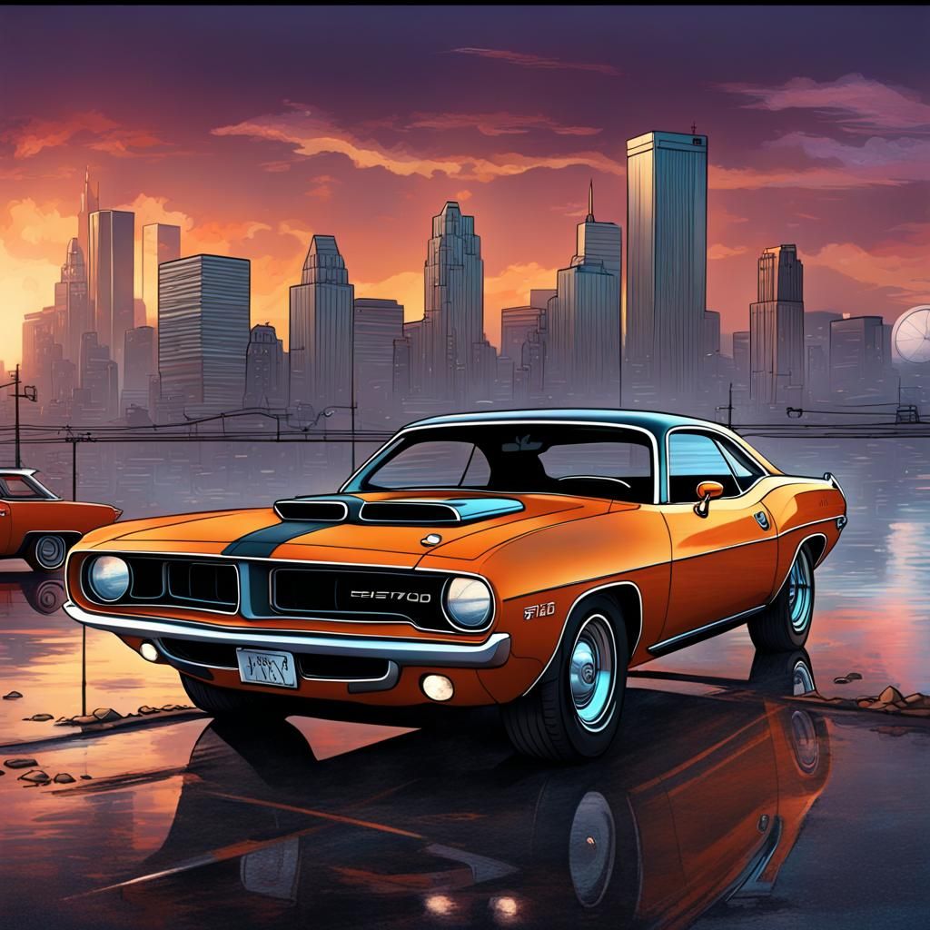 1970 Hemi Cuda and Detroit Skyline in Line Art