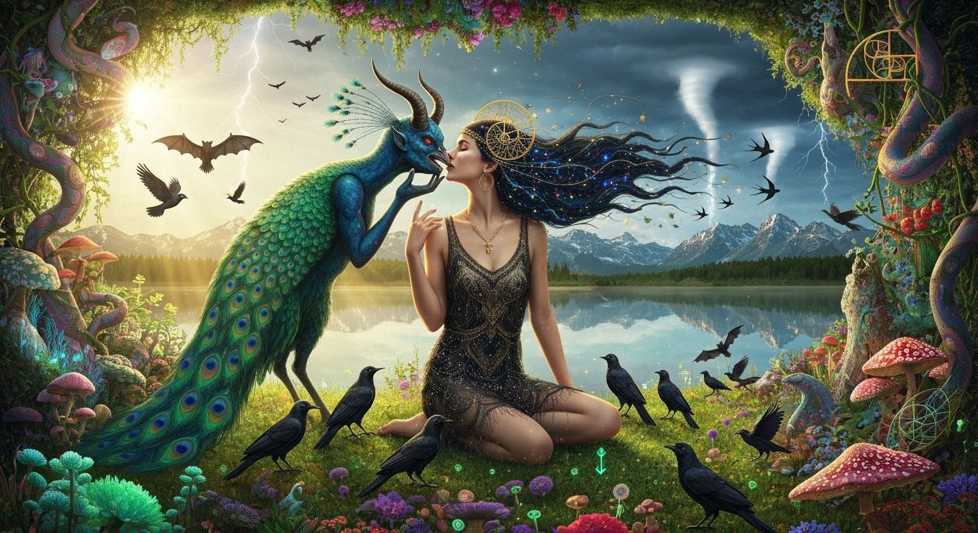 Demon-Peacock Creature and Stardust Woman in Surreal Garden