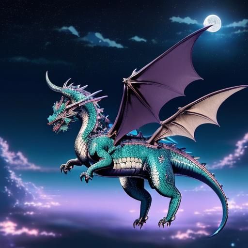 Anime Dragon Soaring Under Starry Moonlit Sky