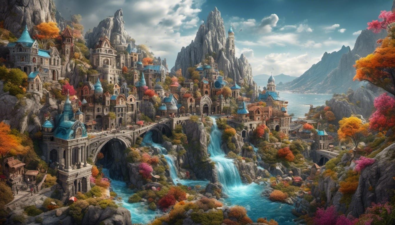 Hyperrealistic Cobbled City Near a Mountain