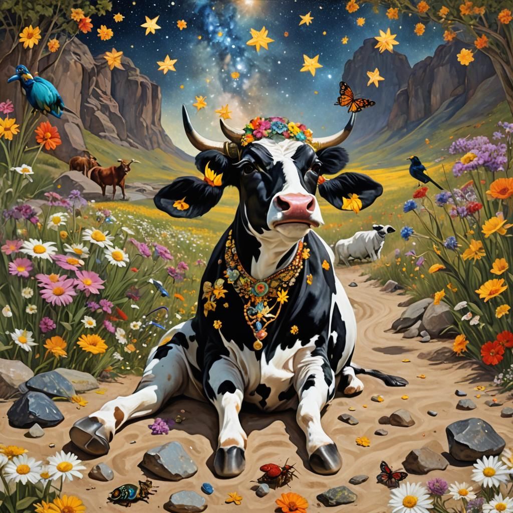 Surreal Cow in Daisy Field: Impressionistic Fantasy
