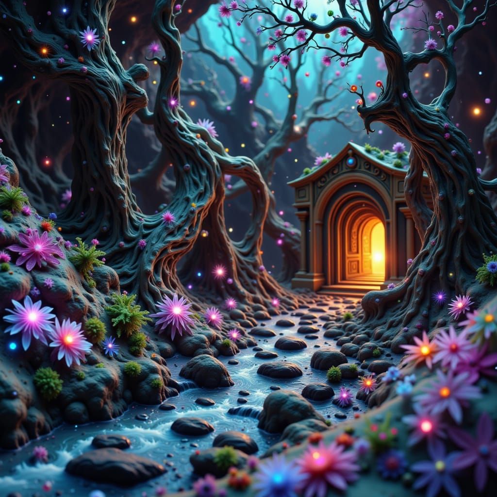 Fantasy Cavern Library Inside Ancient Bonsai Tree