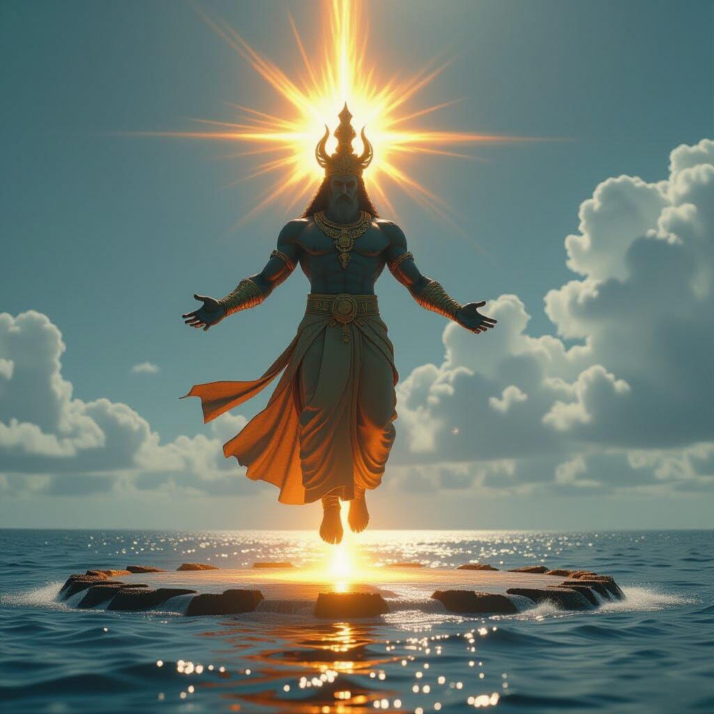Giant God Levitates Over Island With Solar Beam