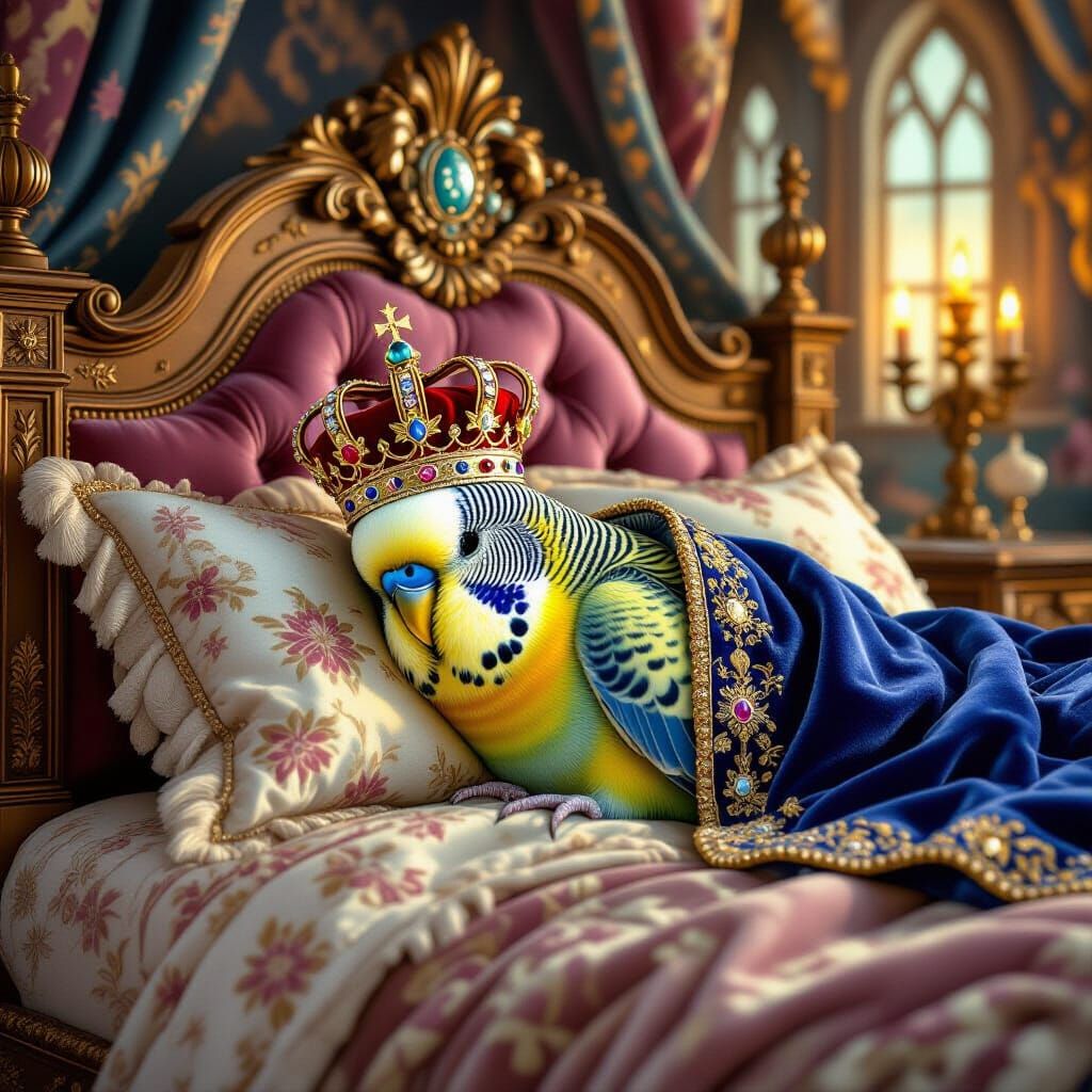 Crowned Budgie Sleeps in Castle, Fantasy Art