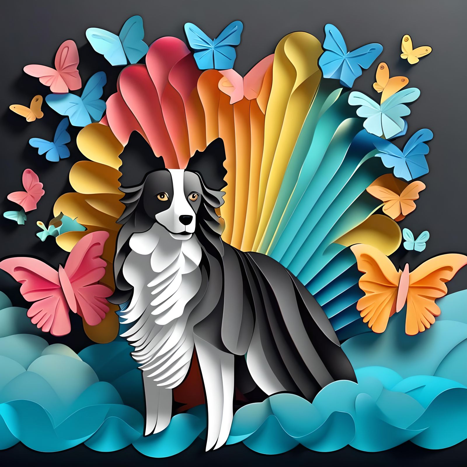 Paper Border Collie with Butterfly Fractals