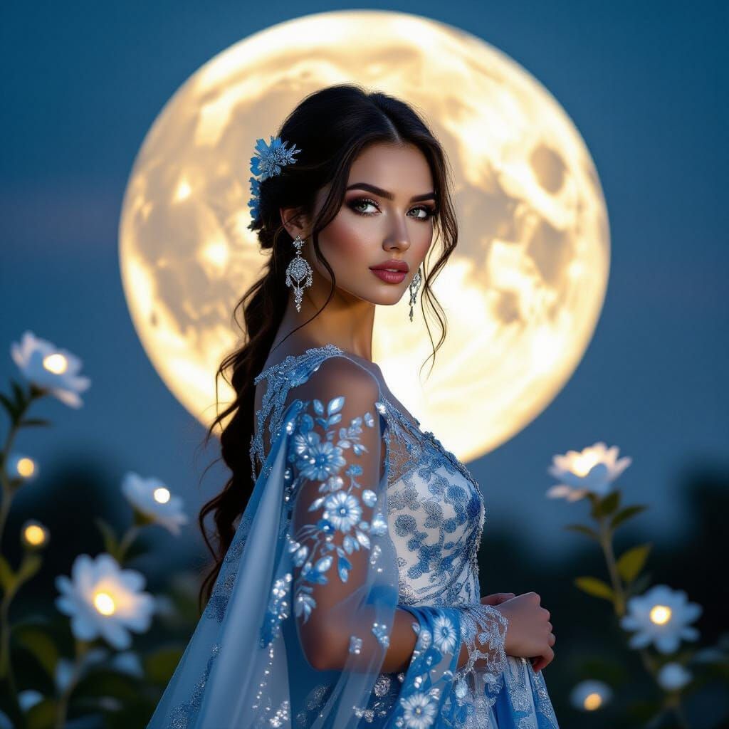 A captivating figure stands against a glowing full moon, ado...