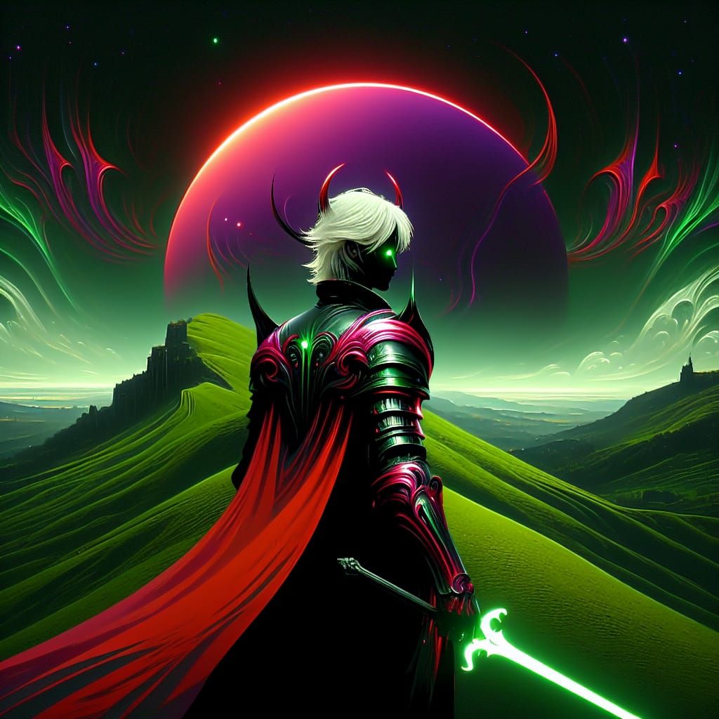 Armored Figure with Sword on Hill with Purple Orb