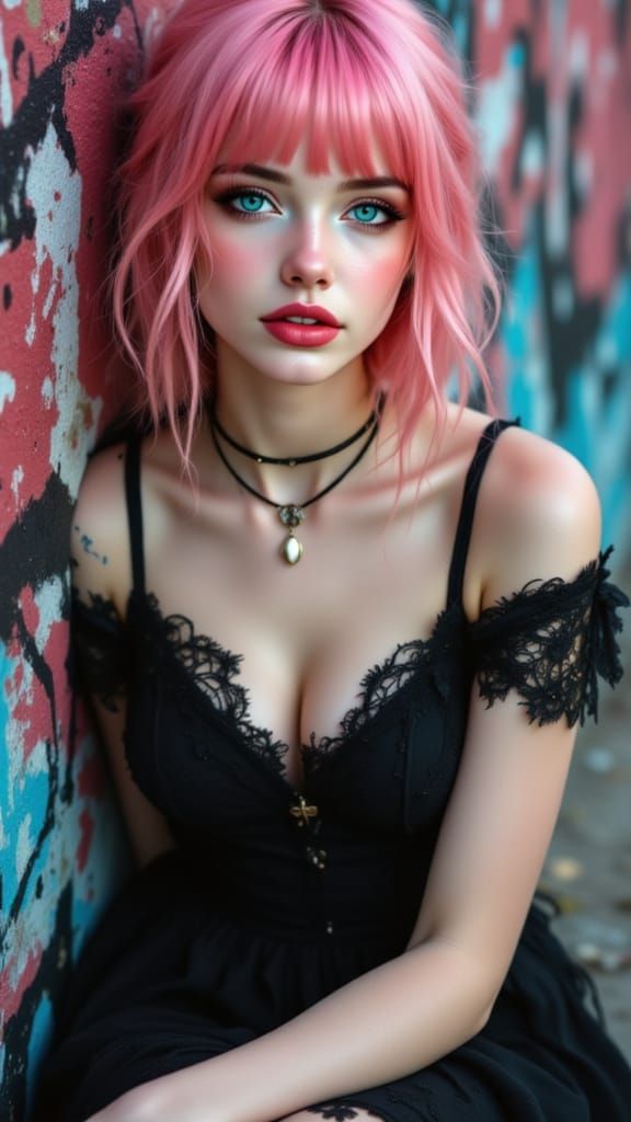 Emo Girl in Pink Bob Hair with Graffiti Wall