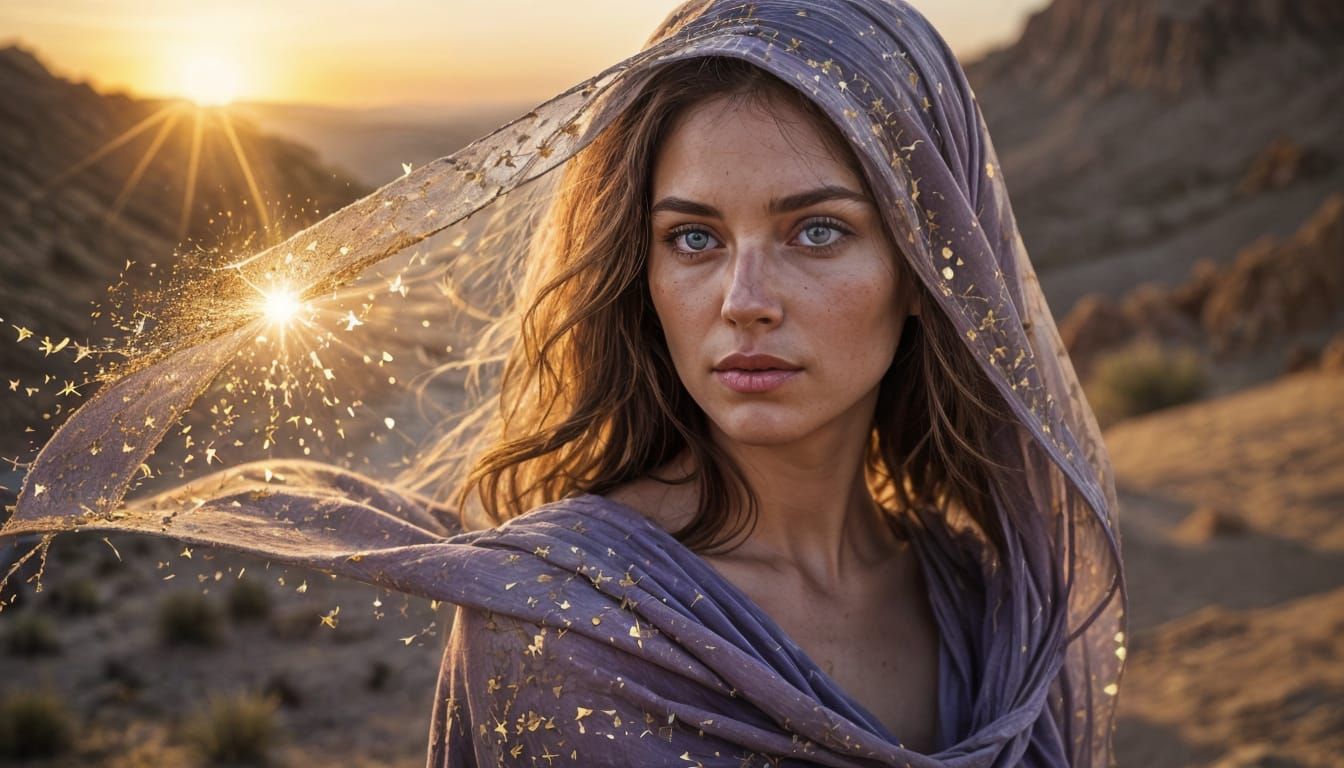 Visionary Woman in Desert Landscape at Sunset