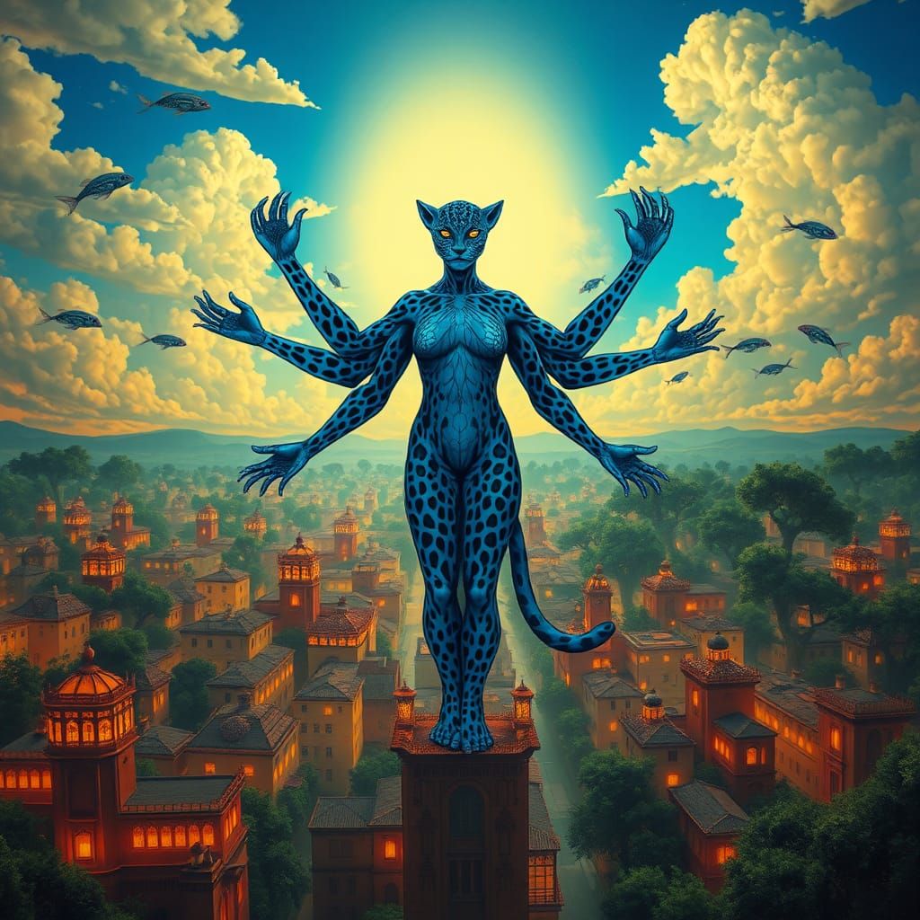 Surreal Blue Leopard Woman in Dreamlike Realm