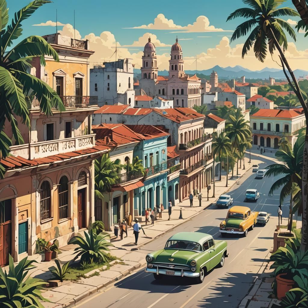 Cuban Street Scene in Propaganda Poster Style