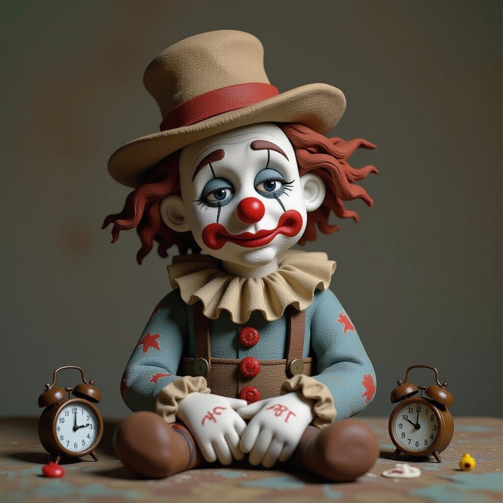 Surreal Sculpture of a Sad, Old Clay Clown