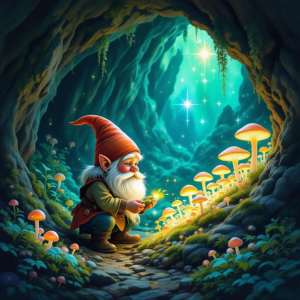Ancient Gnome Tends Glowing Fungi Garden in Carved Cavern