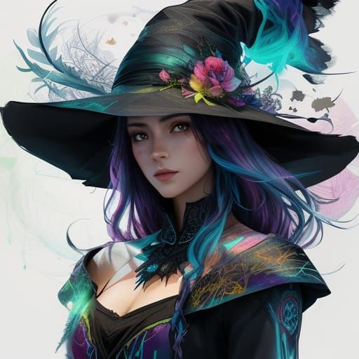 Mystical Witch Double Exposure Digital Watercolor Art