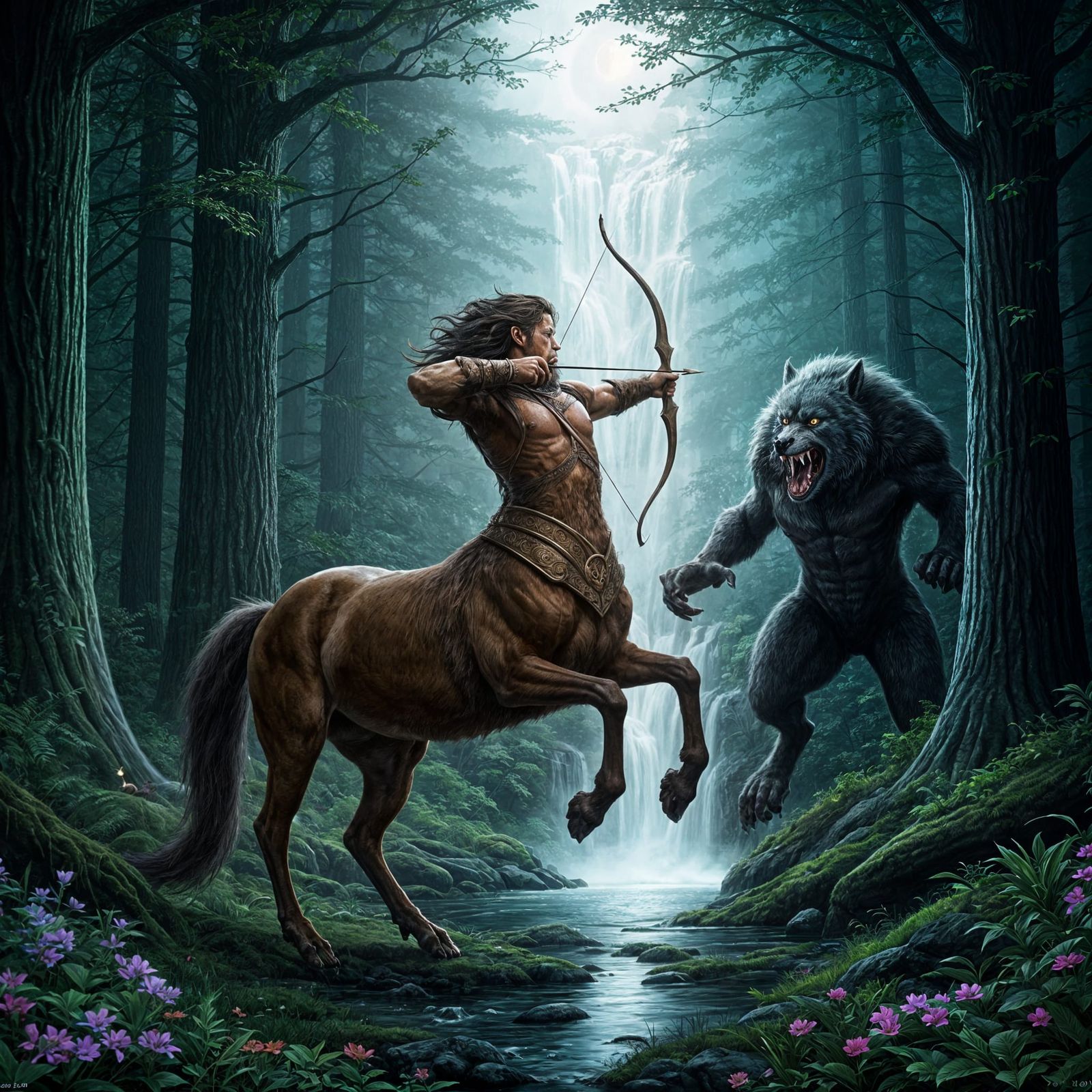 Centaur and Werewolf in Moonlit Forest