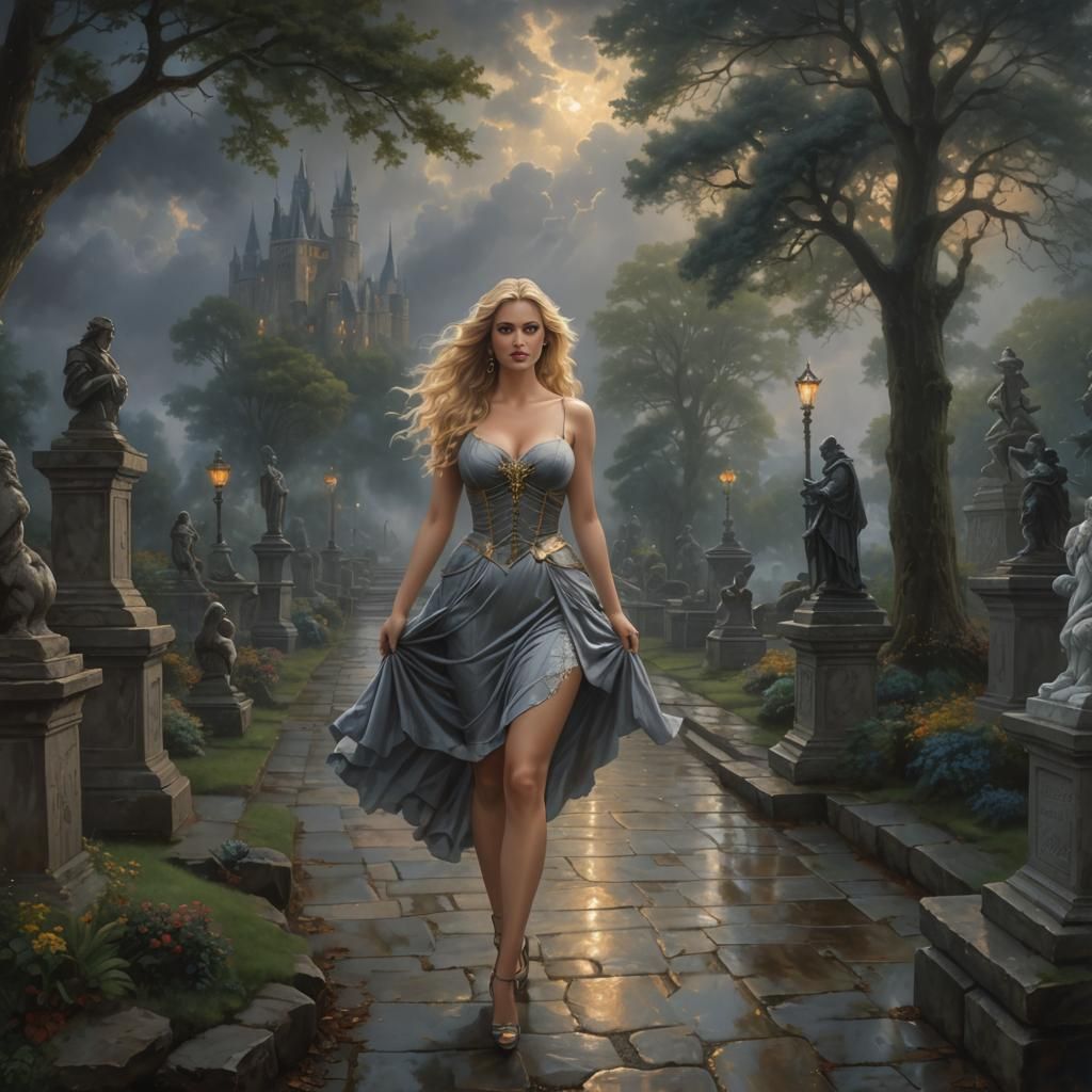 Ethereal Blonde Woman on Dark Path, Fantasy Art