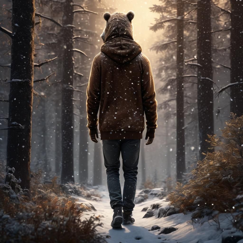 Boy in Bear Hoodie in Snowy Winter Forest