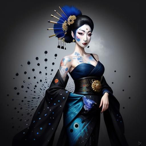 Geisha with Peacock Feathers in Graffiti Art Style