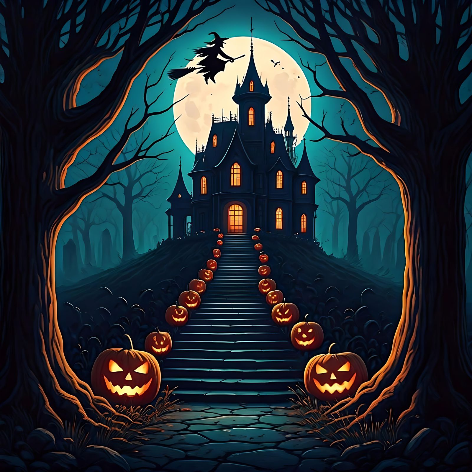 Haunted Mansion with Witch in Moonlight: Digital Art