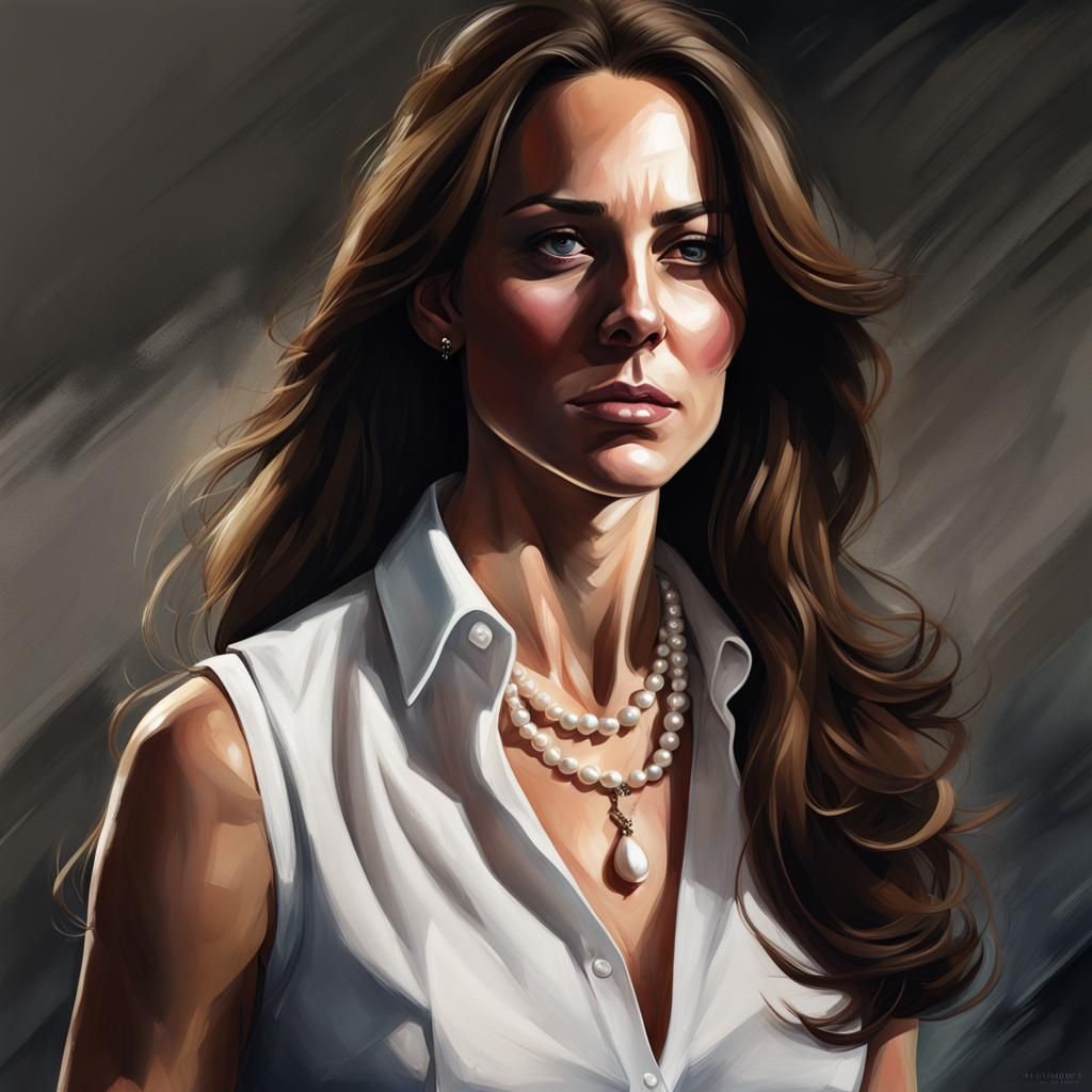 Hyperrealistic Portrait of Woman in Darkness with Pearl Neck...