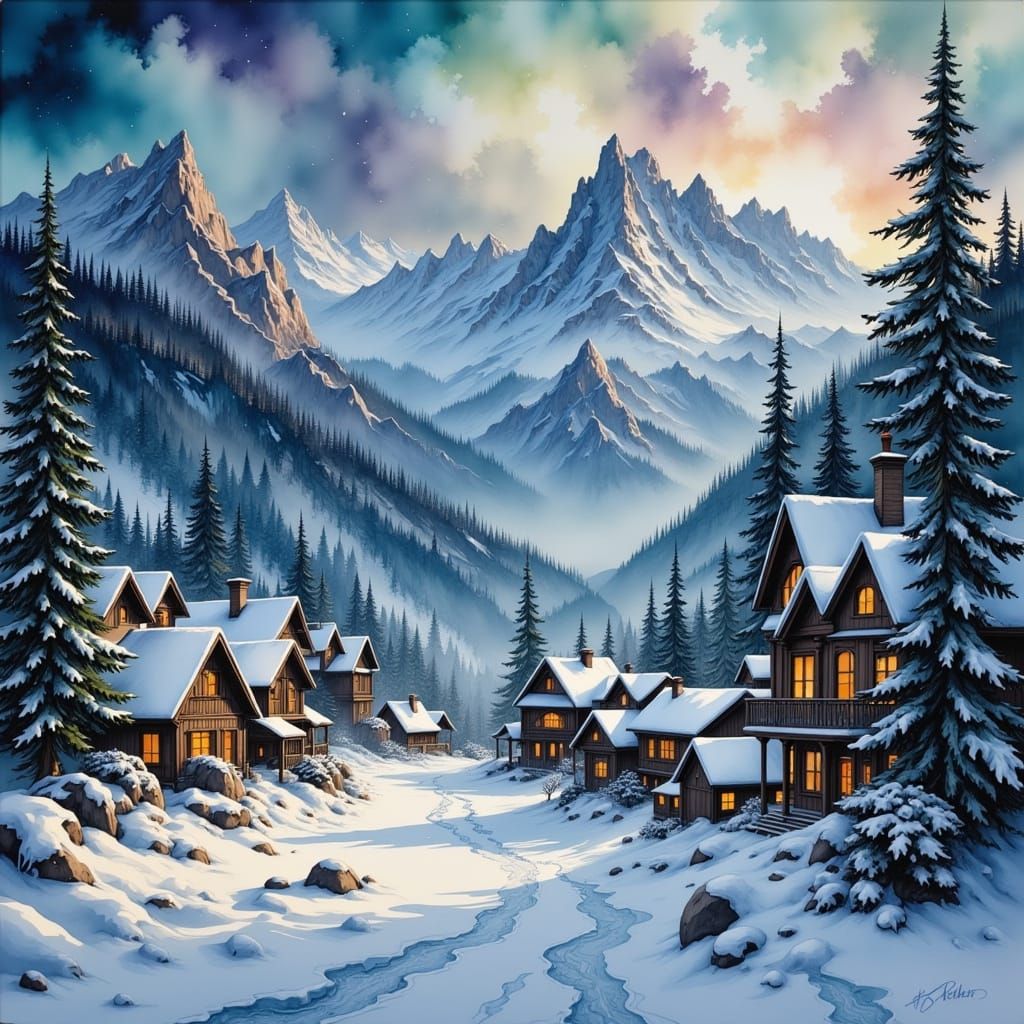Mountain Village Blizzard as Impressionist Rendering