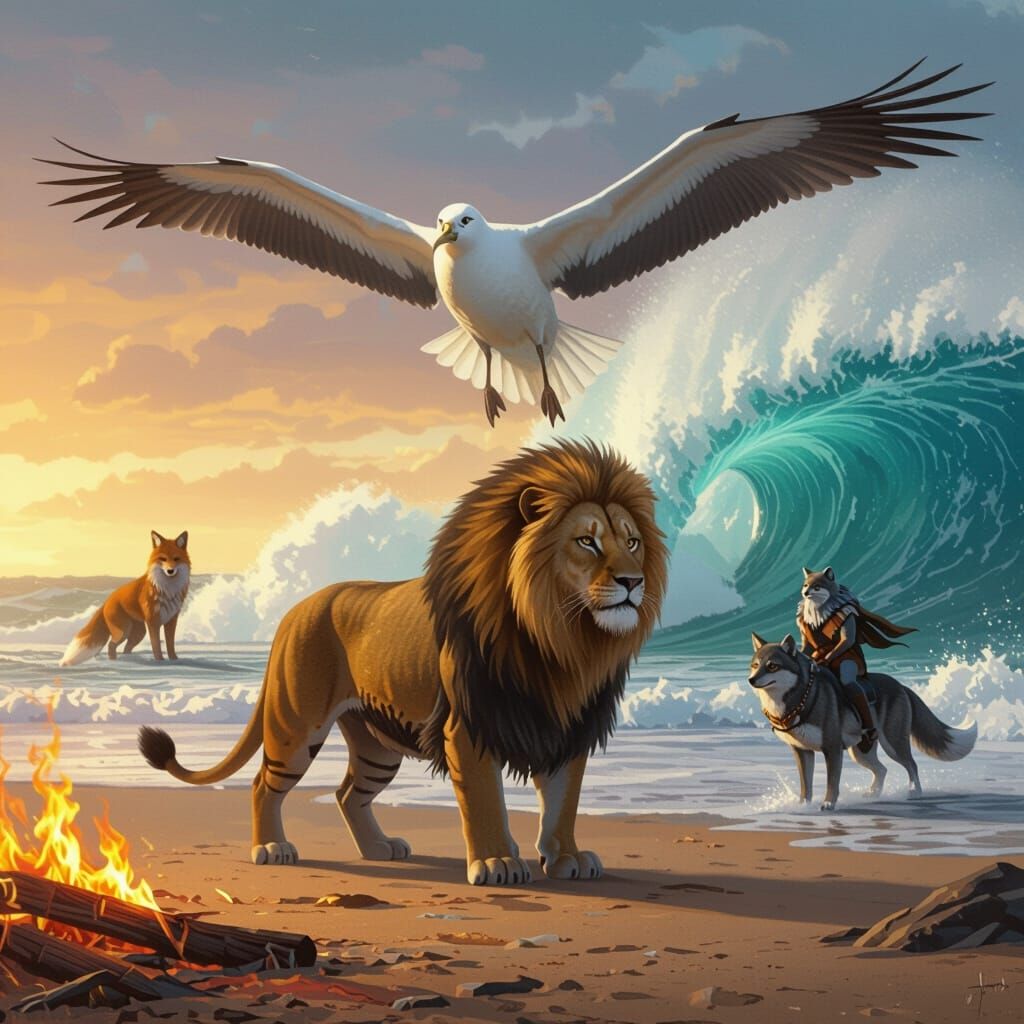 Lion-Tiger Hybrid with Albatross Wings on Burning Beach