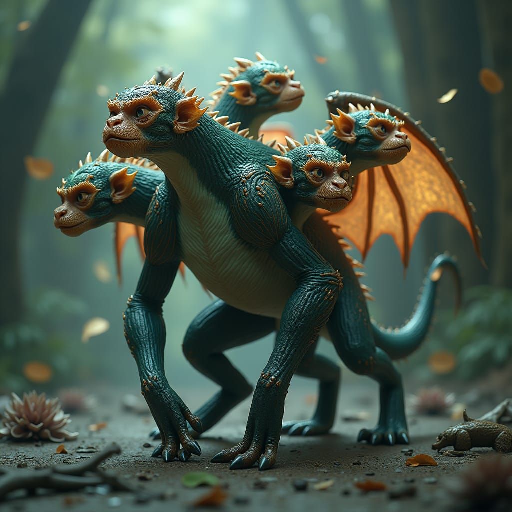 Majestic Hybrid Creature with Dragon Wings and Doge Heads