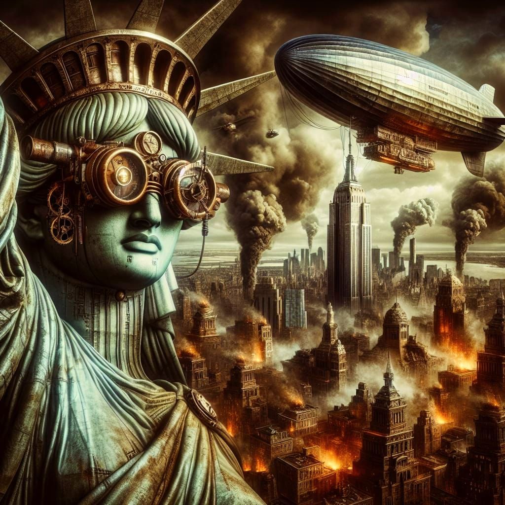 Steampunk Statue of Liberty with Hindenburg Airship