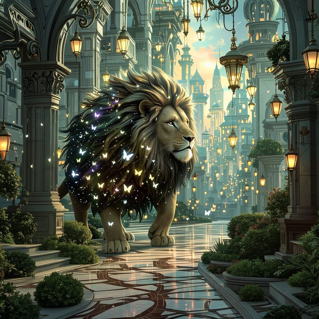 Galaxy Mane Lion Walks Through Dream City