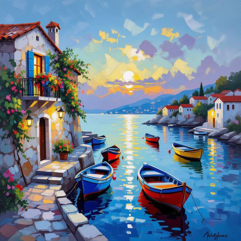 Mediterranean Harbor at Dusk Oil Painting