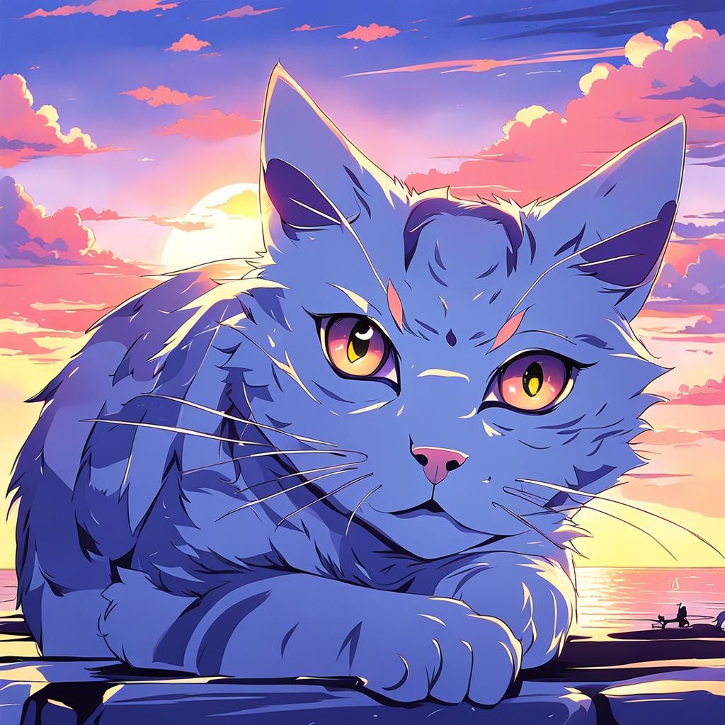 Anime Style Sunset Cat Illustration