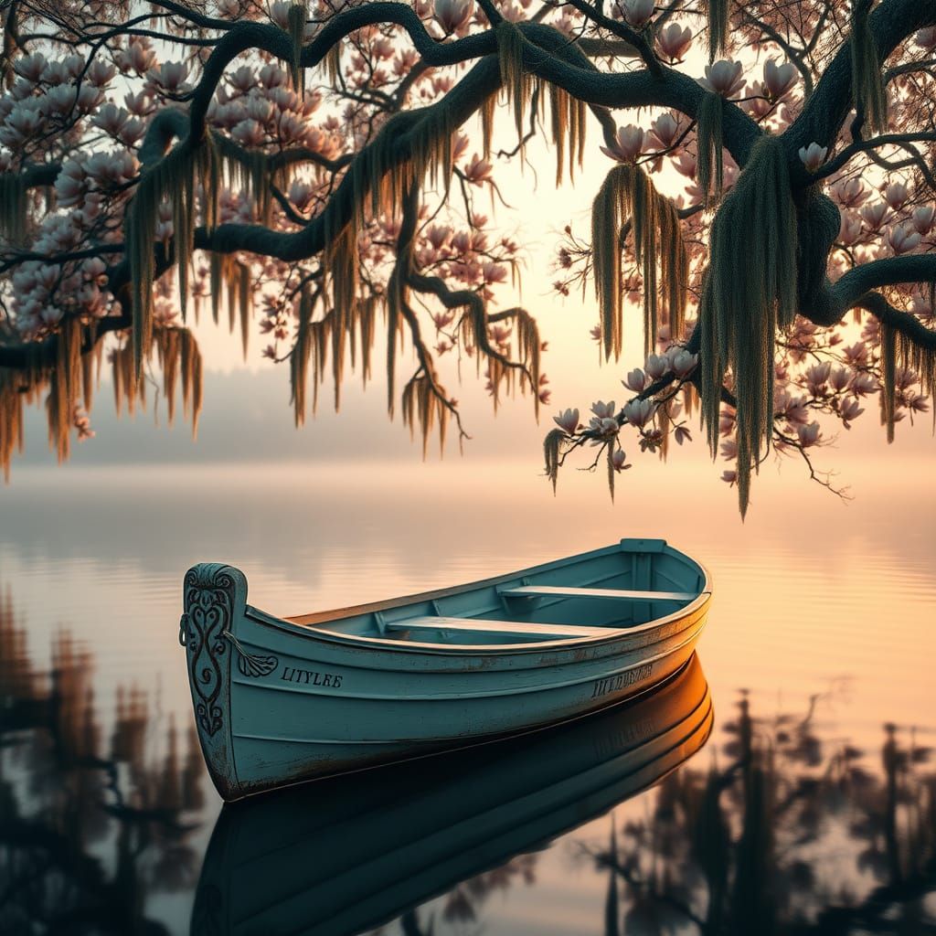 Weathered Rowboat on Glassy Lake Under Magnolia Tree