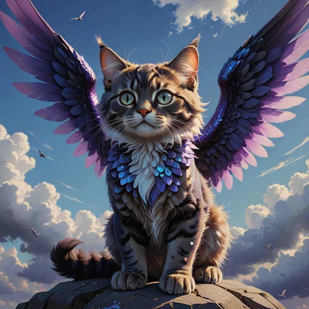 Winged Cat Flies in High Fantasy Oil Painting