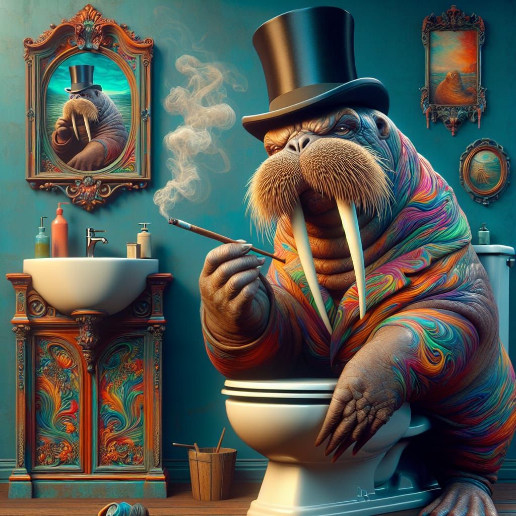 Gothic Walrus on Toilet Smoking a Pipe