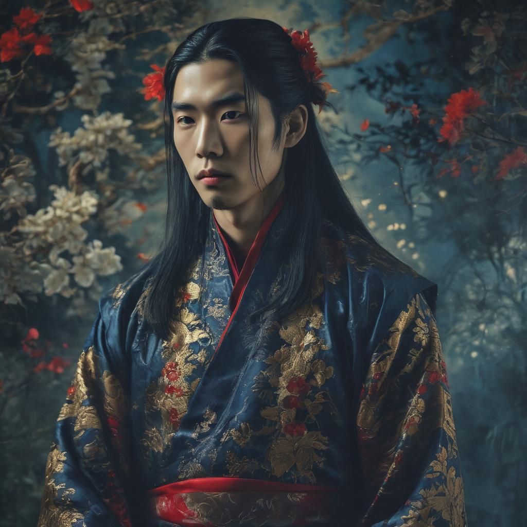 Eerie Portrait of Man in Hanfu with Glitch Effects