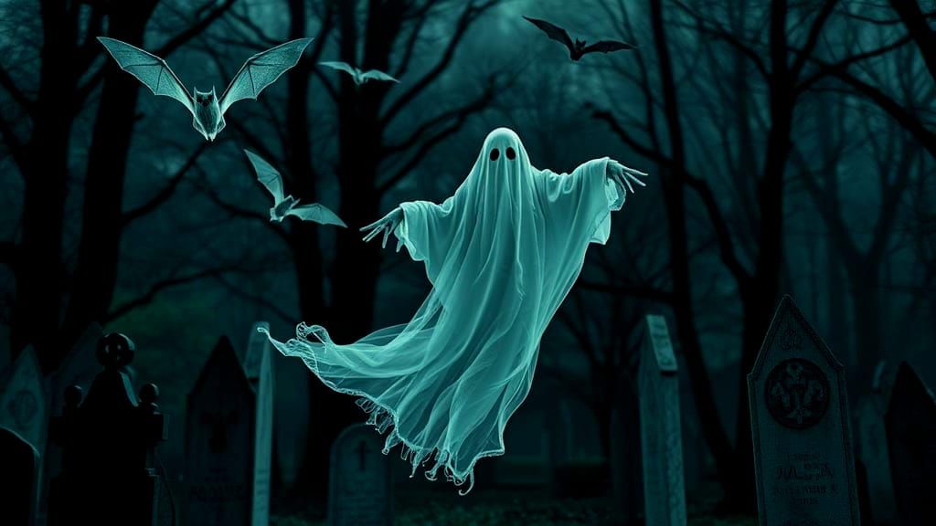 Ethereal Ghost Portrait in Graveyard with Bats
