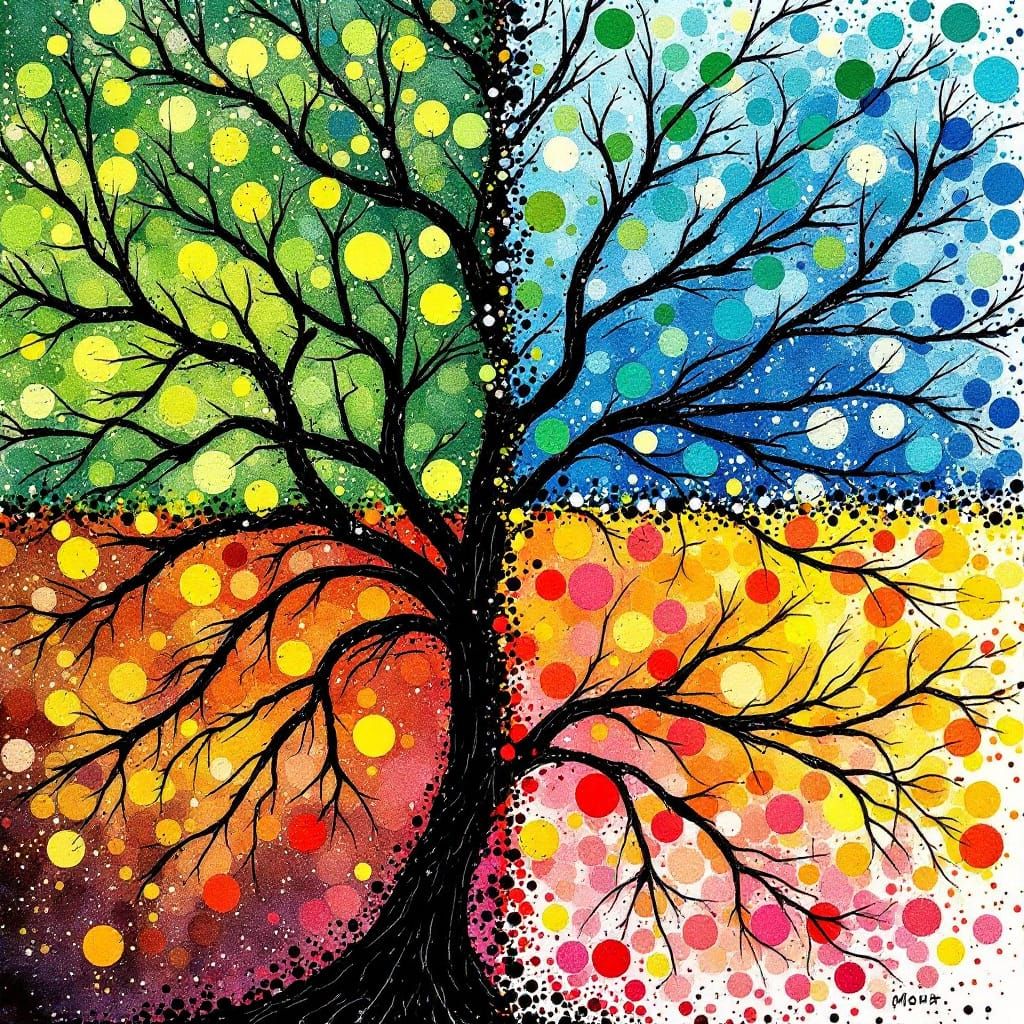 Four Seasons Tree in Ink Splatter Art