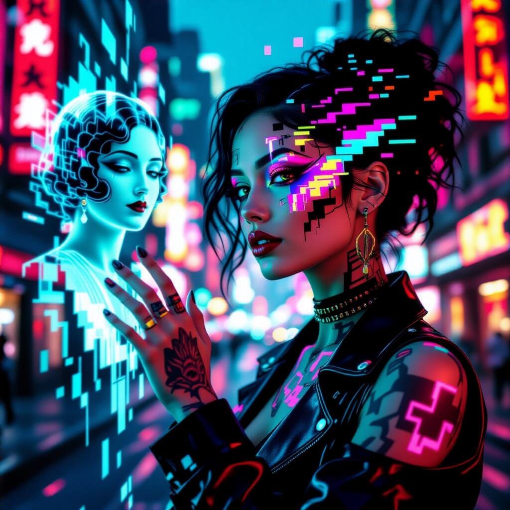 Cyberpunk Woman with Glitching Tattoos in Digital Art