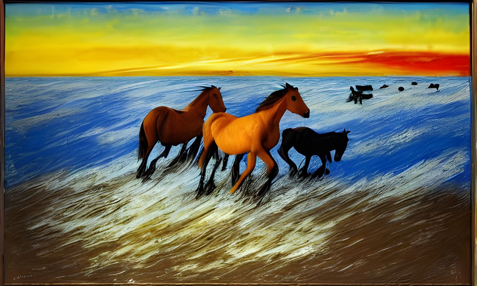 Wild Horses Galloping on Beach, Impasto Palette Knife Style