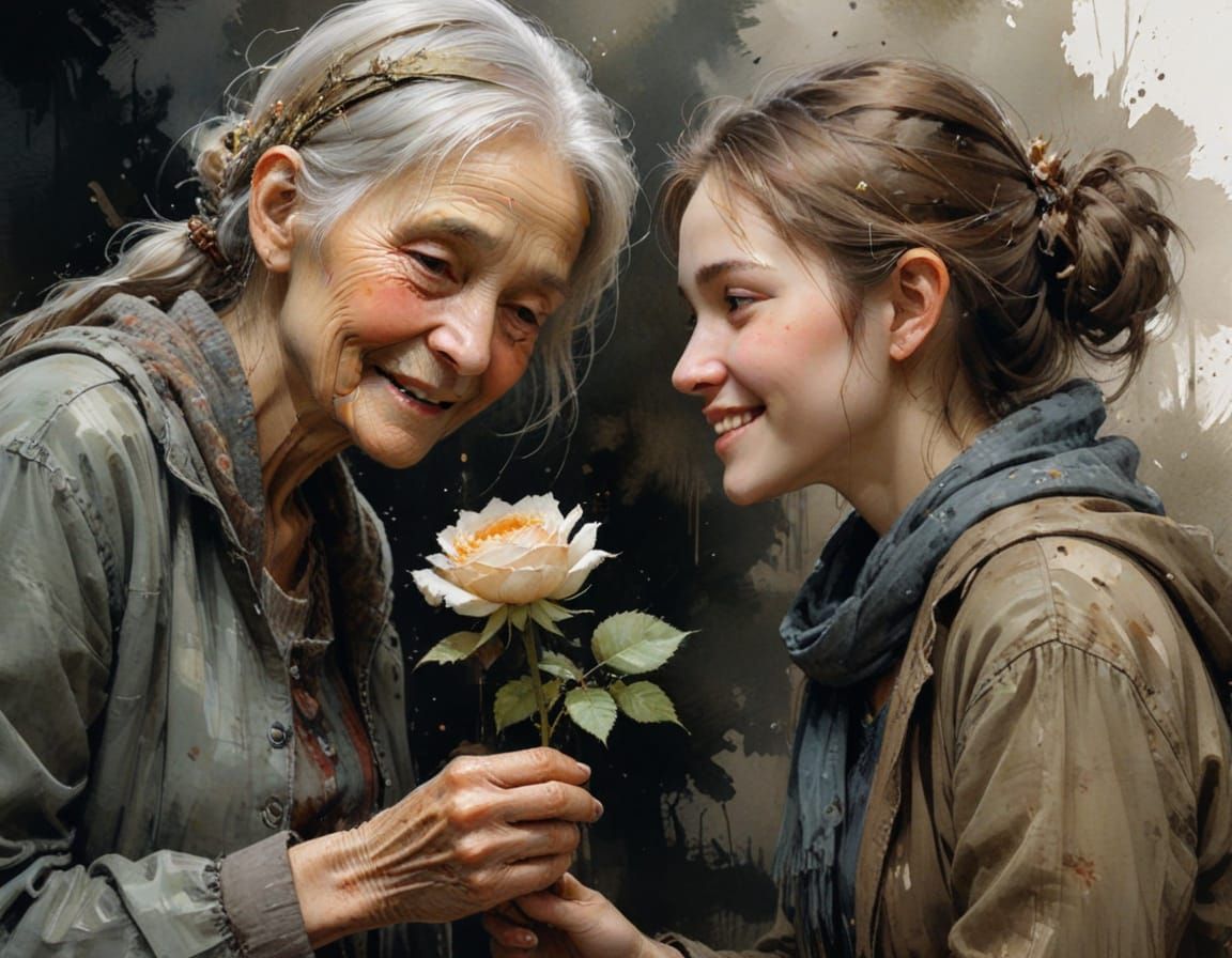 Watercolor Portrait of Girl Giving Flower to Old Woman